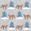 deer, artiodactyls, animals, blue spruce, fir trees, snow, snow picture, Christmas, new year, winter, snowflakes